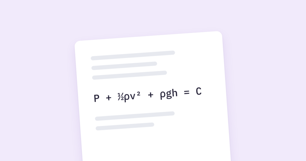 Bernoulli equation written on a sheet of paper